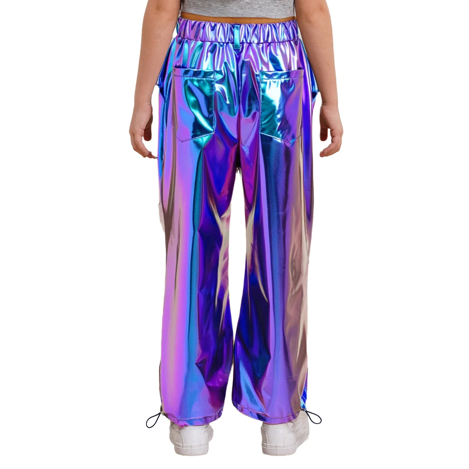 키즈 걸스 재즈 디스코 카고 팬츠 재즈 힙합 스트리트 댄스 공연을 위한 포켓이 있는 드로스트링 레그 오프닝 바지