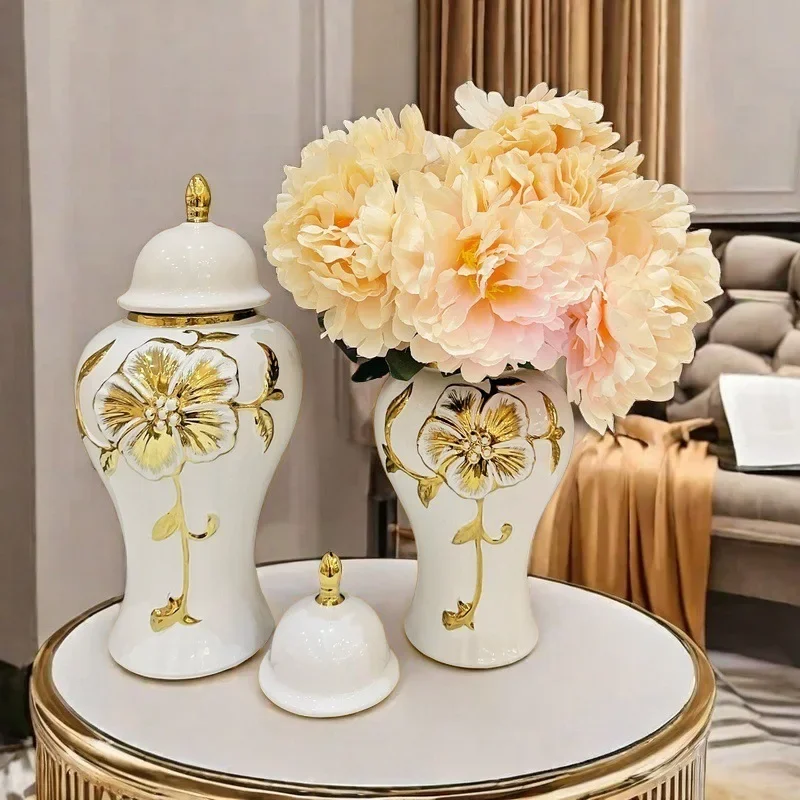 Ceramic Ginger Jar Sealed Storage Tank Flower Vase Decorated Checkmate Jar Golden Embossed Flower Chinese Vintage Bottle