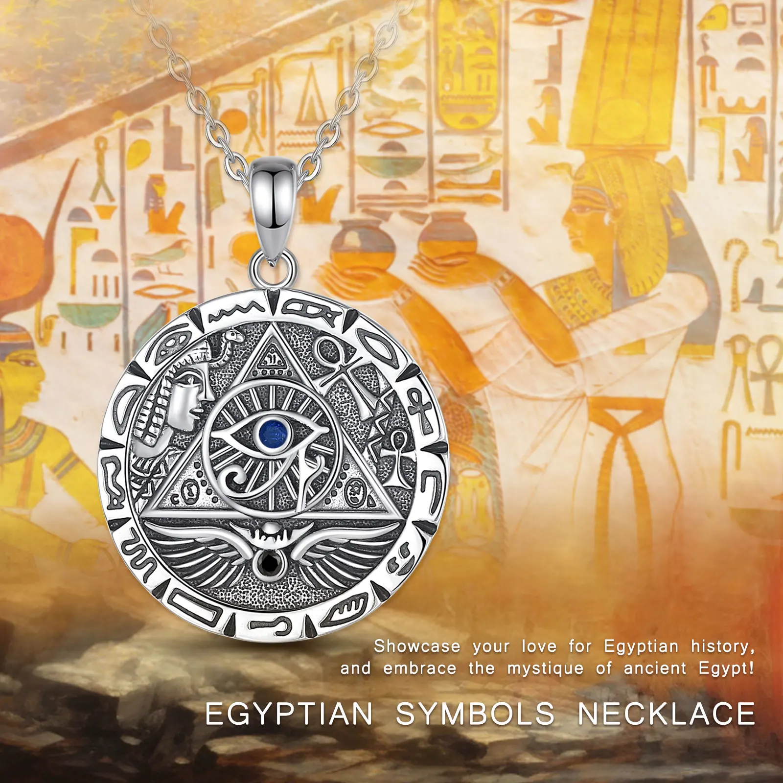 Eudora 925 Sterling Silver Egypt Pyramid All Seeing Evil Eye Illuminati Necklace Egyptian Cross Amulet Pendant Man Women Gift