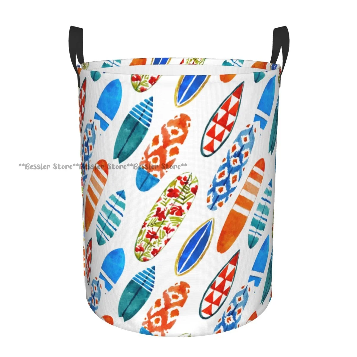 Folding Laundry Basket Watercolor Surfboard Round Storage Bin Collapsible Hamper Clothes Bucket Organizer