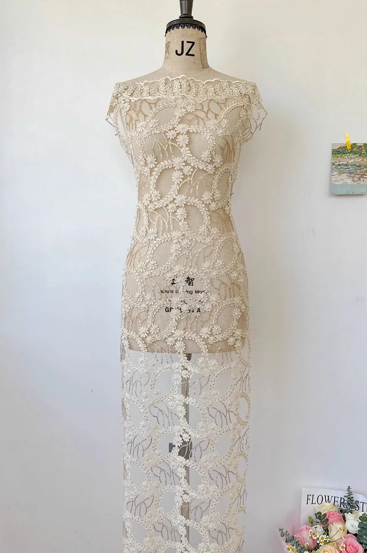 

High quality lace material Beaded flower embroidery tissus High end dress cheongsam fabric