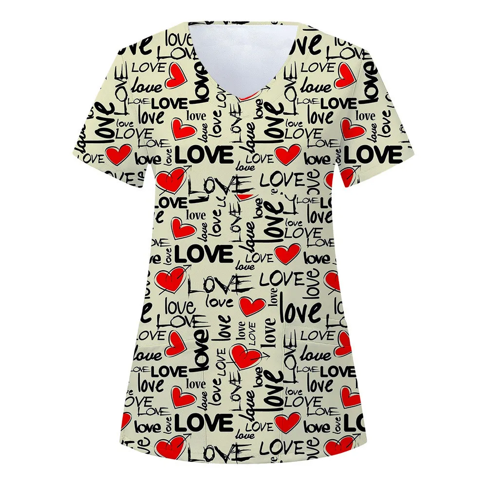 Women Love Heart Printing Nursing Uniform Pocket Short Sleeve V-Neck Care Workers Nurse Working Medical Scrub Uniforms