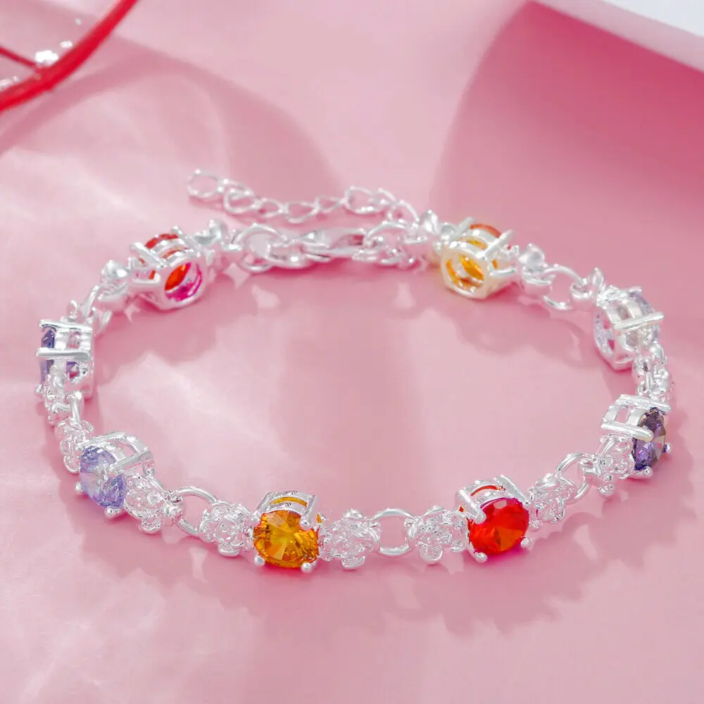 

Luxury Kpop 925 Sterling Silver Creative Colored Crystal Bracelet For Women Fashion Party Wedding Jewelry Holiday Gifts