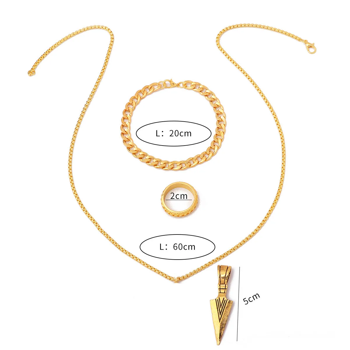 Metal Arrow Pendant Necklace Bracelet Ring for Men Jewelry Set Male Punk Hip Hop Outdoor Travel Parties Daily Wear Accessories