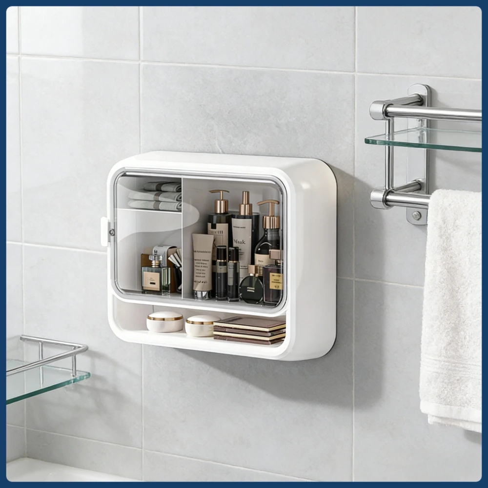 Wandmontierter Kosmetik-Organizer ohne Bohren – staubdichte Aufbewahrungsbox mit Deckel, Regal mit großem Fassungsvermögen für Badezimmer, Duschzubehör