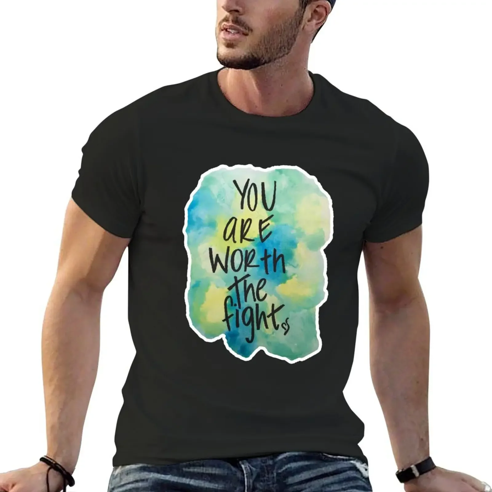 Eating Disorder Recovery You are Worth the Fight Watercolor Neda Quote T-Shirt baggy shirts oversized t shirts for men