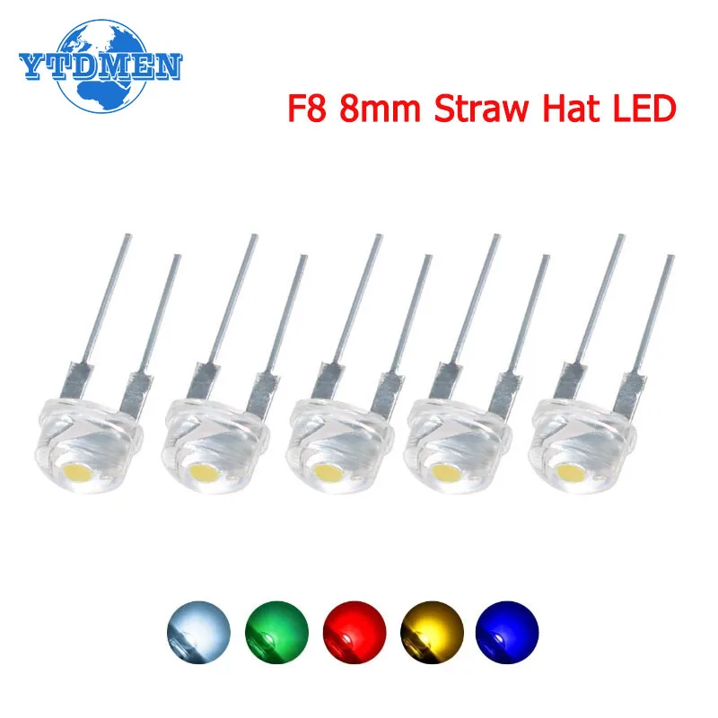 10/20/50PCS 8MM Dioda LED w słomkowym kapeluszu F8 Diody elektroluminescencyjne 0.3W 0.5W 0.75W Niebieski Zielony Czerwony Żółty Biały Ciepły Biały Wysoka jakość