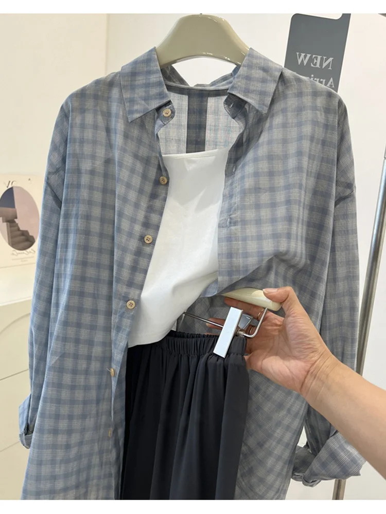 plus Size 300 Pounds Chic Long Sleeve Plaid Sun Protection Shirt Women Summer Thin Shirt Coat Trendy Korean Style Loose Fit