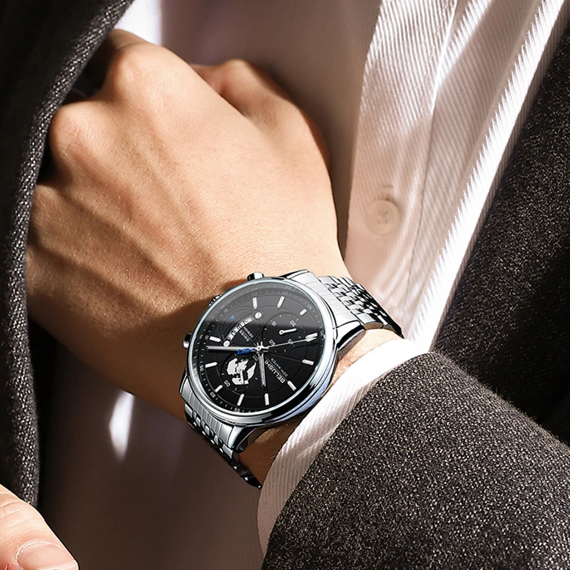 BELUSHI New Men Watches Luxury Brand Business Casual Watch For Men Stainless Steel Big Dial Quartz Chronograph Clock Waterproof