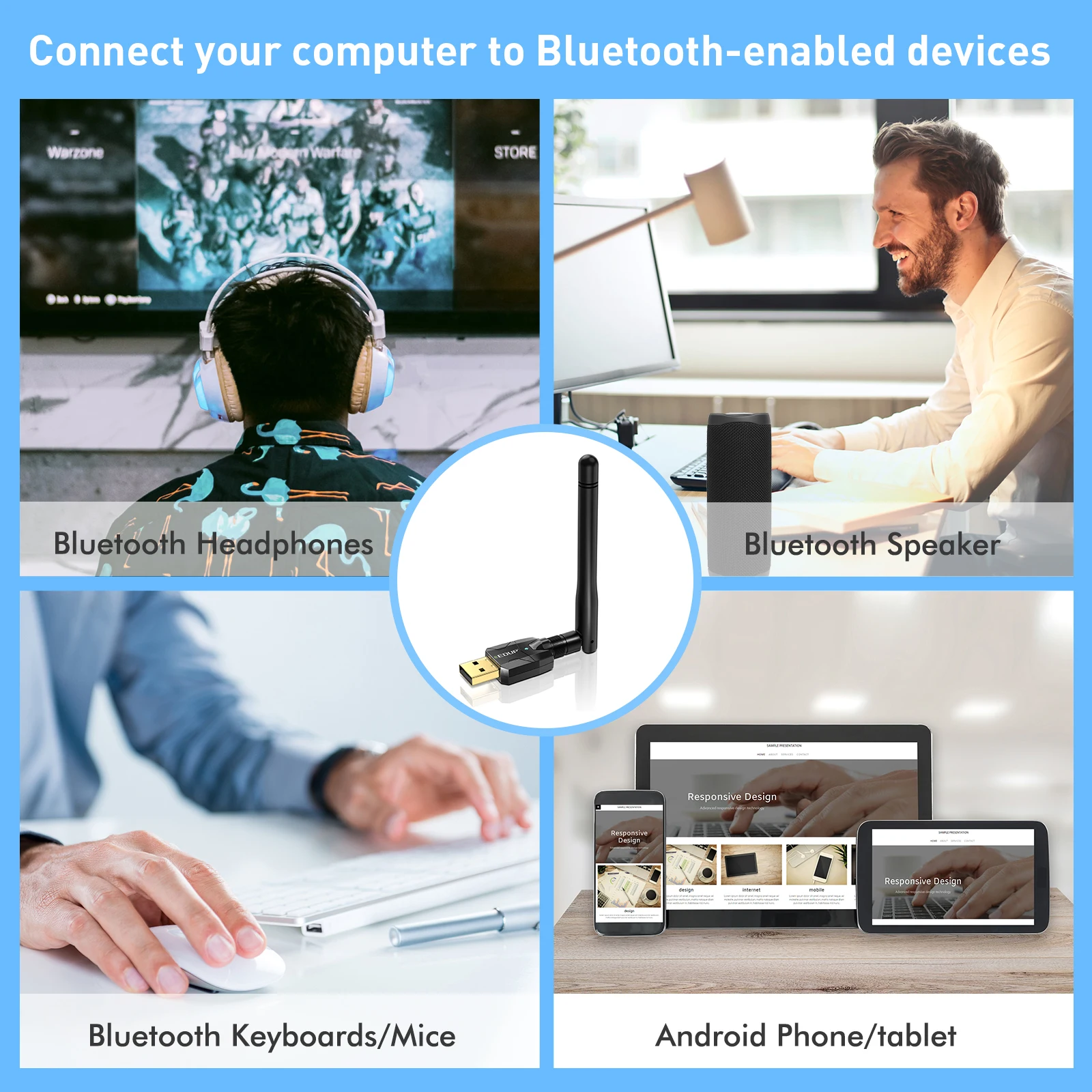 EDUP USB Bluetooth 5.4 Adapter 100M for PC Wireless Keyboard Mouse Speakers Music Audio Receiver Transmitter Bluetooth EDR BLE