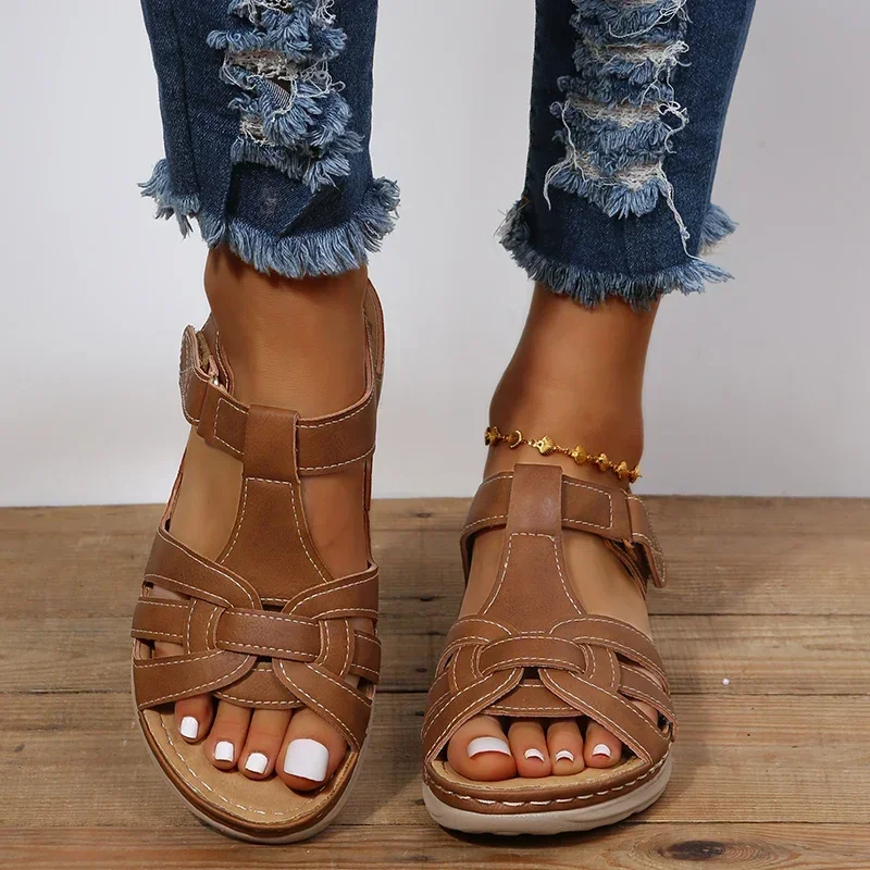 2024 Hot Sale Ladies Shoes Open Toe Women\'s Sandals Summer Rome Hollow Solid Outdoor Casual Comfortable Beach Wedge Sandals