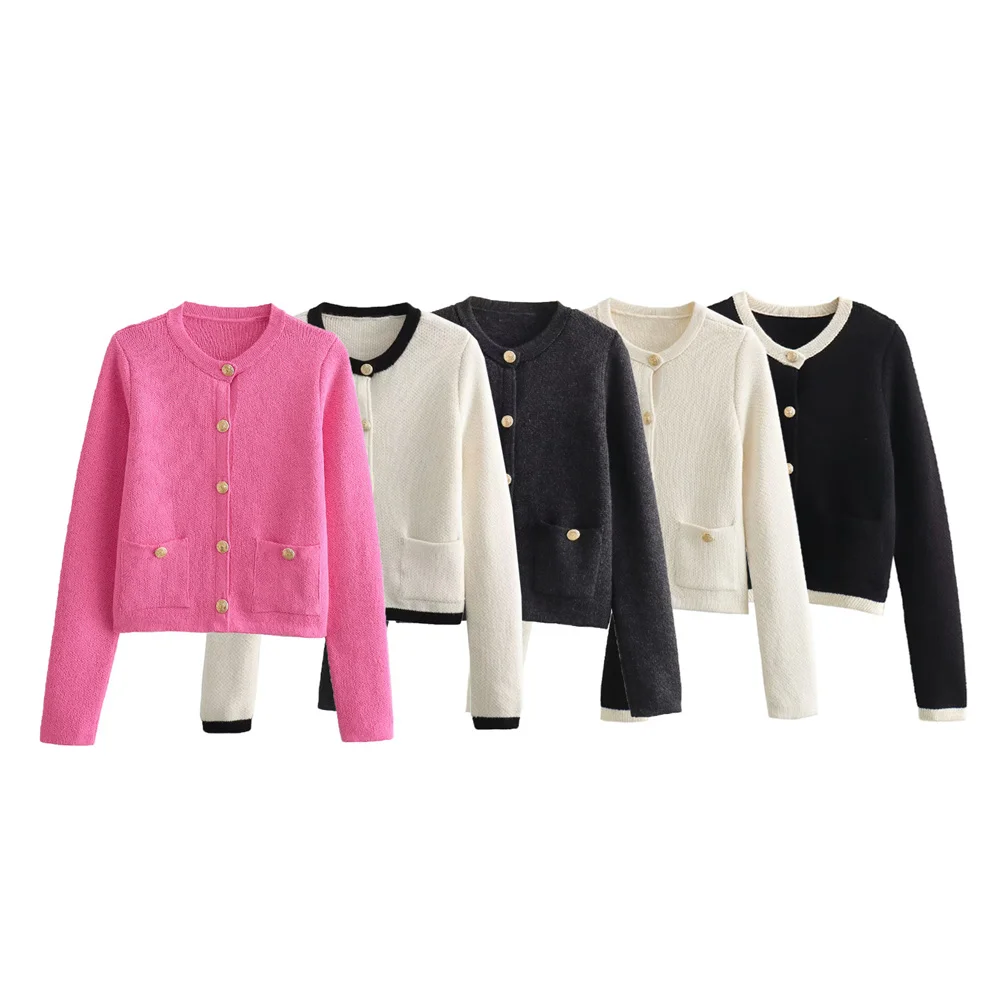 European and American Style Spring and Autumn Contrasting Color Women\'s New 2024 Fashionable Button Decoration Knitted Coat