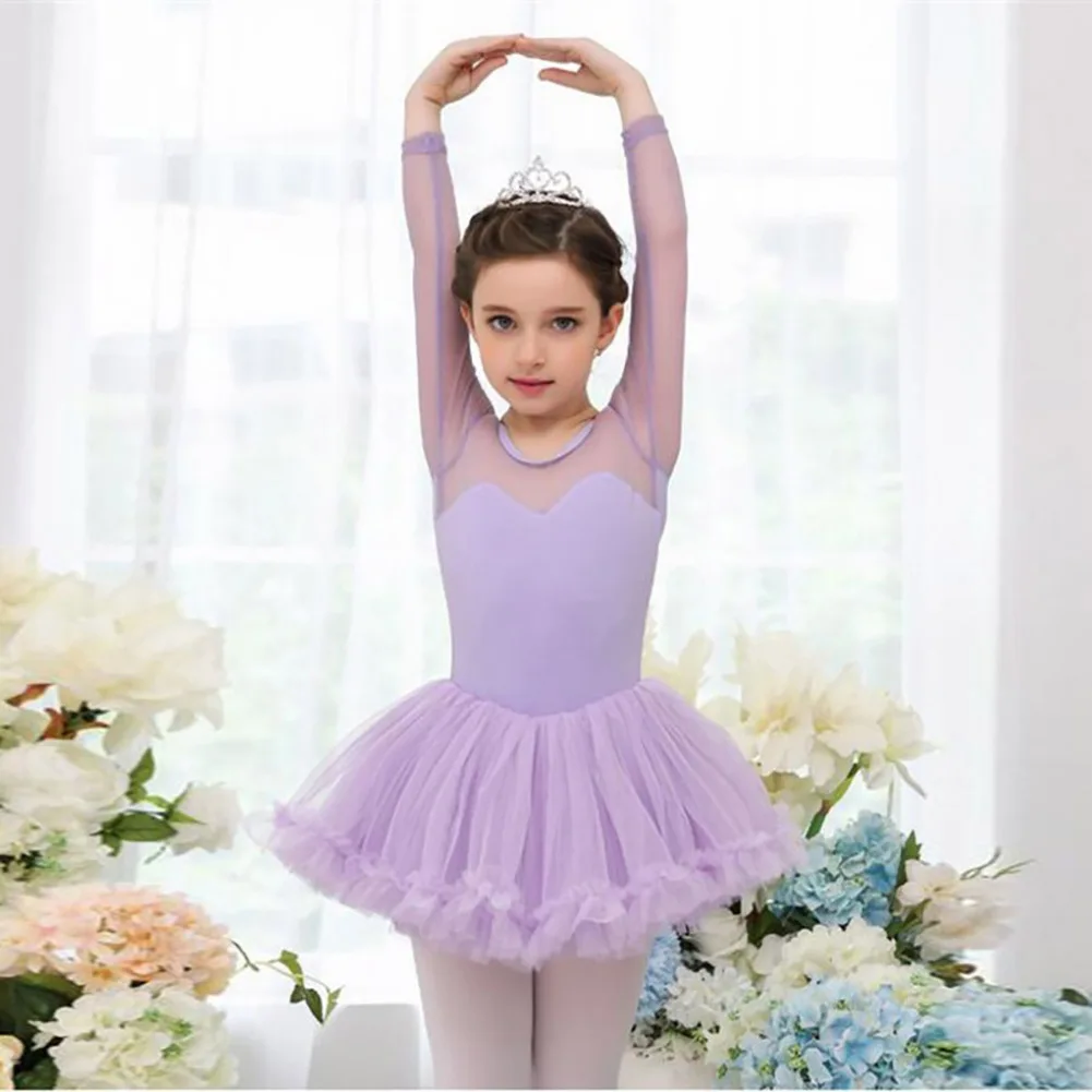 New Sweet Latin Dance Dress For Kids Solid Color Long-sleeved Lace Ballet Dress Kid\'s Temperament Dancewear Stage Costume