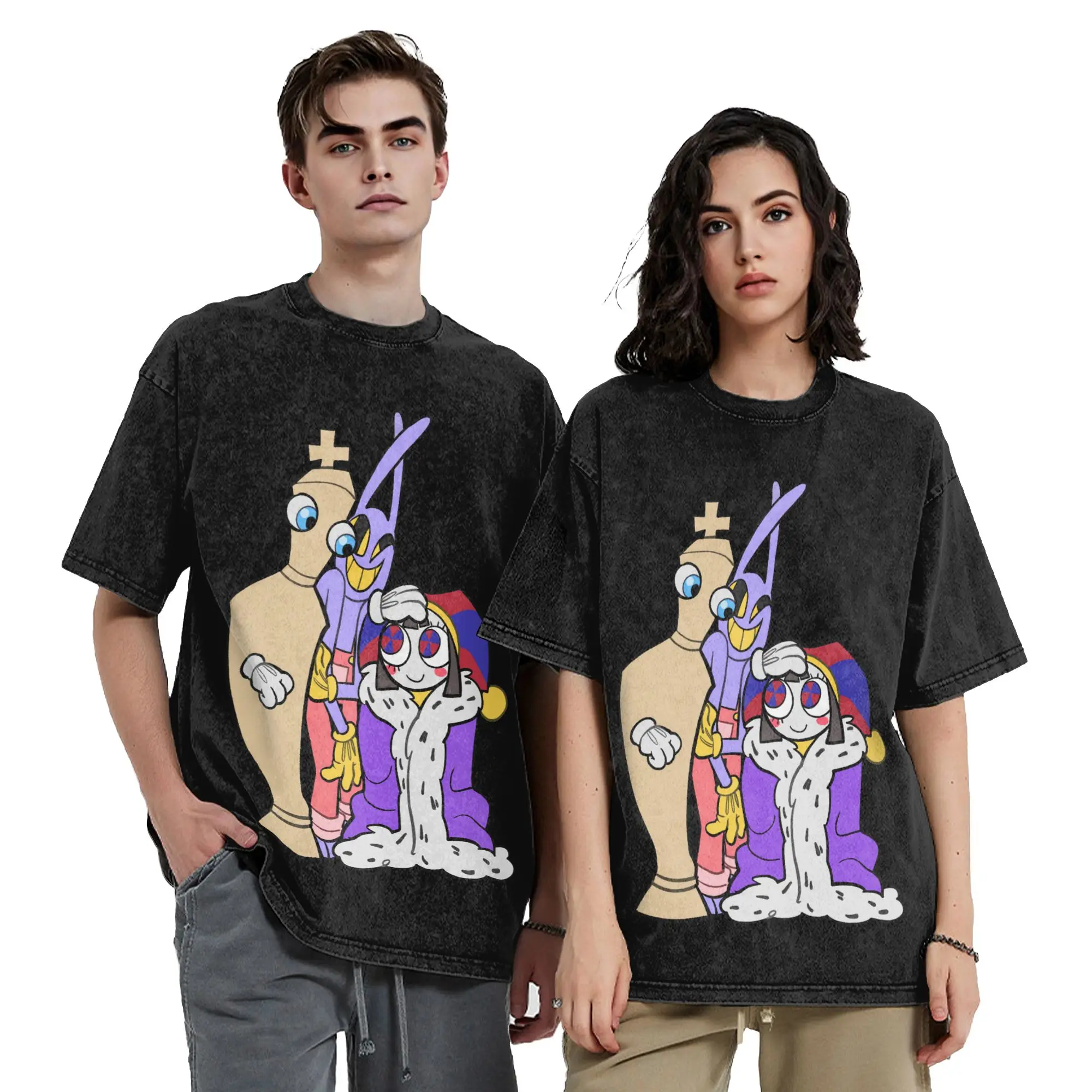 Cartoon Digitals Circus Washed T Shirts Streetwear Retro T-Shirts Tees Men Women Cotton Harajuku Summer