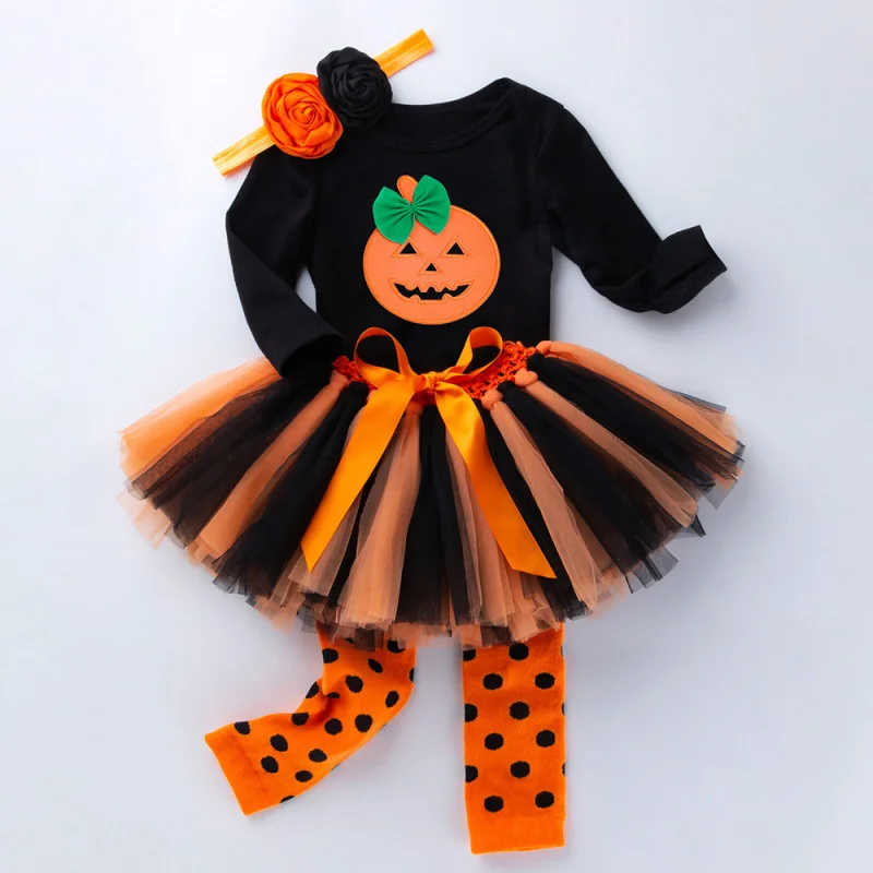 

Halloween Baby Kids Clothes Set for Children's Girl Long-sleeve Cartoon Black Romper+Mesh Skirt+Legging Pants+Headband 4Pcs Suit