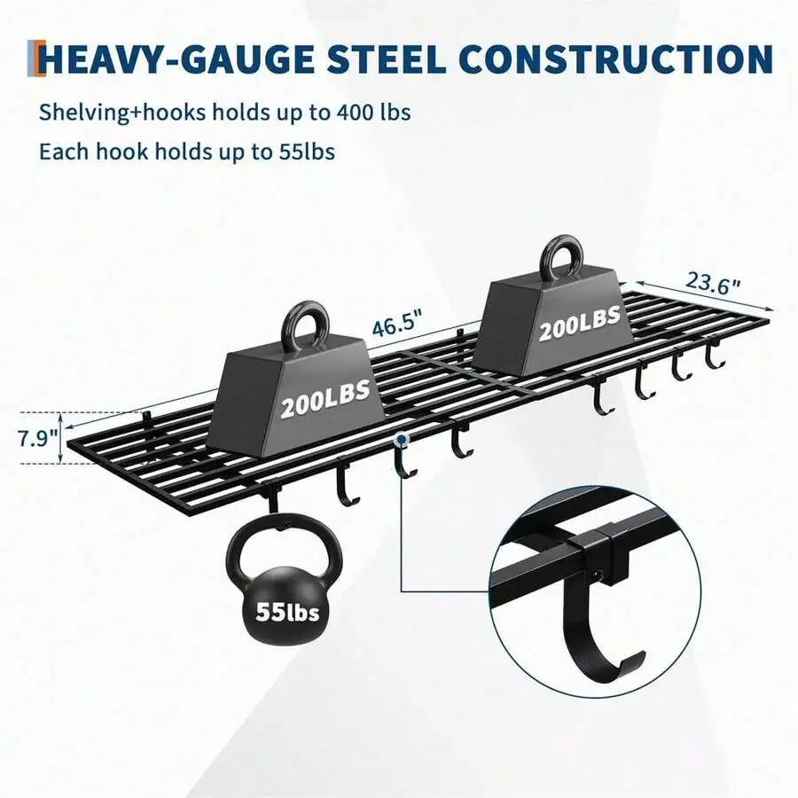 Garage Storage Shelving Wall Mounted, 2 Pack 2x4ft Storage Shelf With Hooks, Heavy Duty Warehouse Wall Shelves, Shelf Garage Org