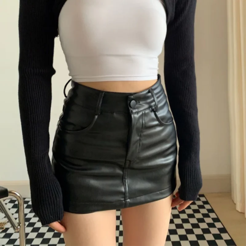 Black Pu Skirt with Shorts Women Spring Summer Sexy Hot Girl Anti-Glare Leather Culottes Ladies 2024 High Waisted Mini Skirts