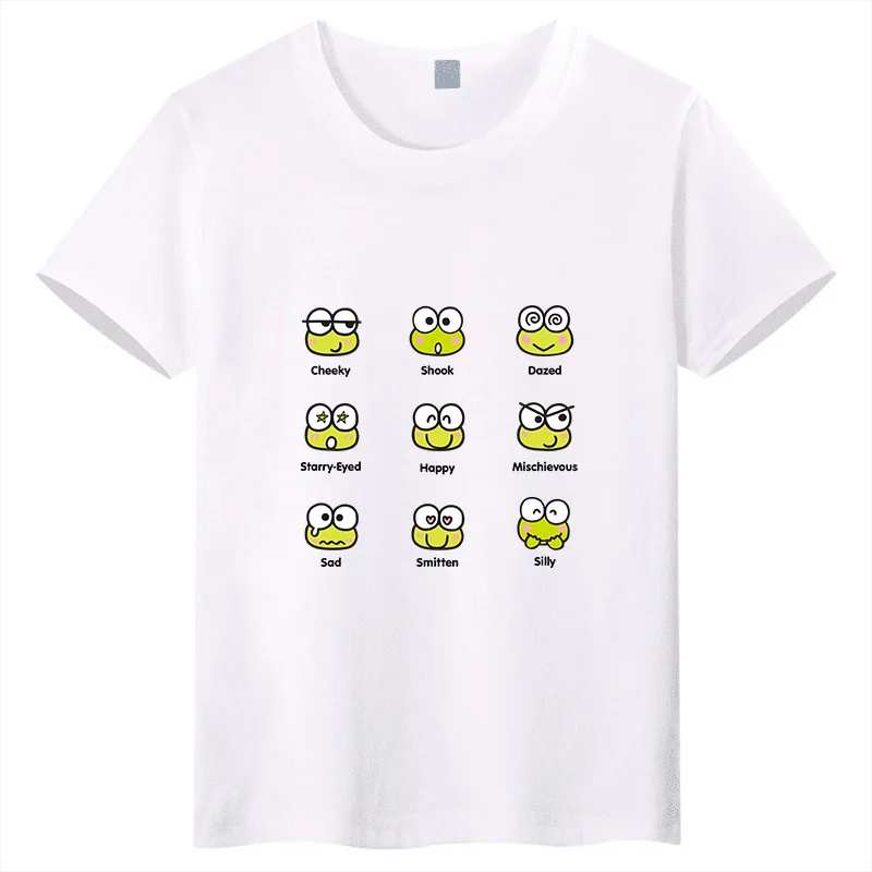 

Sanrio выпустила новую детскую футболку с принтом милой мультяшной лягушки с большими глазами, модный топ из чистого хлопка с круглым вырезом для родителей и детей