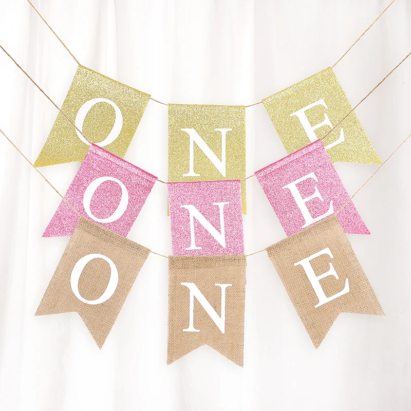 Baby First Birthday Party แขวนแบนเนอร์หนึ่งปี Bunting Garlands ธงสําหรับอาบน้ําเด็กเก้าอี้รับประทานอาหารธงตกแต่ง Supply