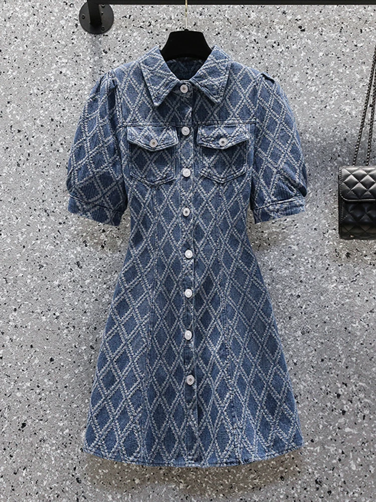 2024 Summer New Polo Collar Casual Check Denim Dress Korean Fashion Elegant Midi Dress Women Bodycon Vintage Chic Evening Dress