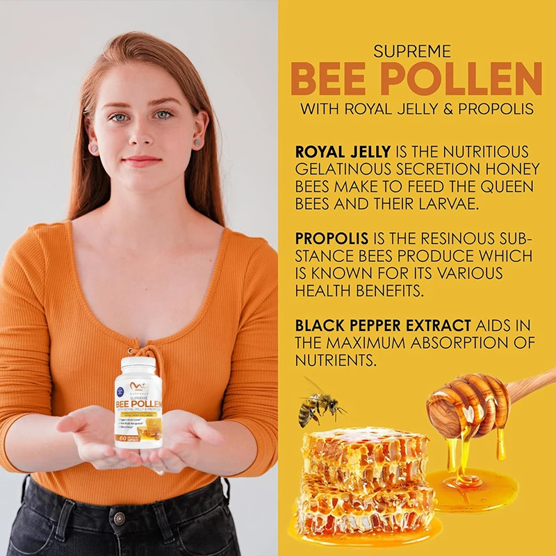 Natural Royal Jelly 60 CapsulesContaining Propolis Black Pepper Bee Pollen to Support Immune System and Improve Oxidative Health