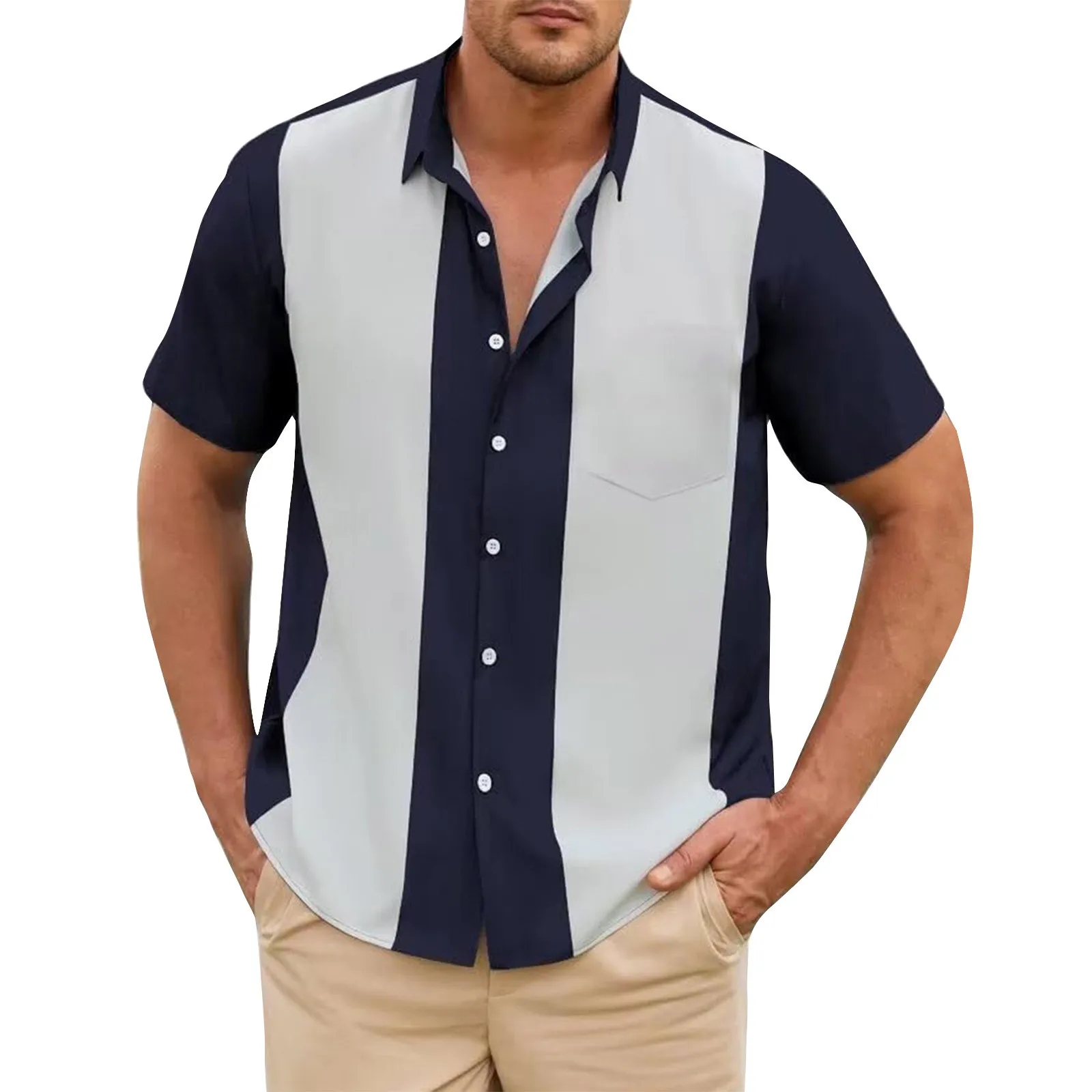 Fashion Business Stripped Splicing Shirt For Men Vintage Casual And Versatile Button Down Bowling Short Sleeve Summer T-Shirt