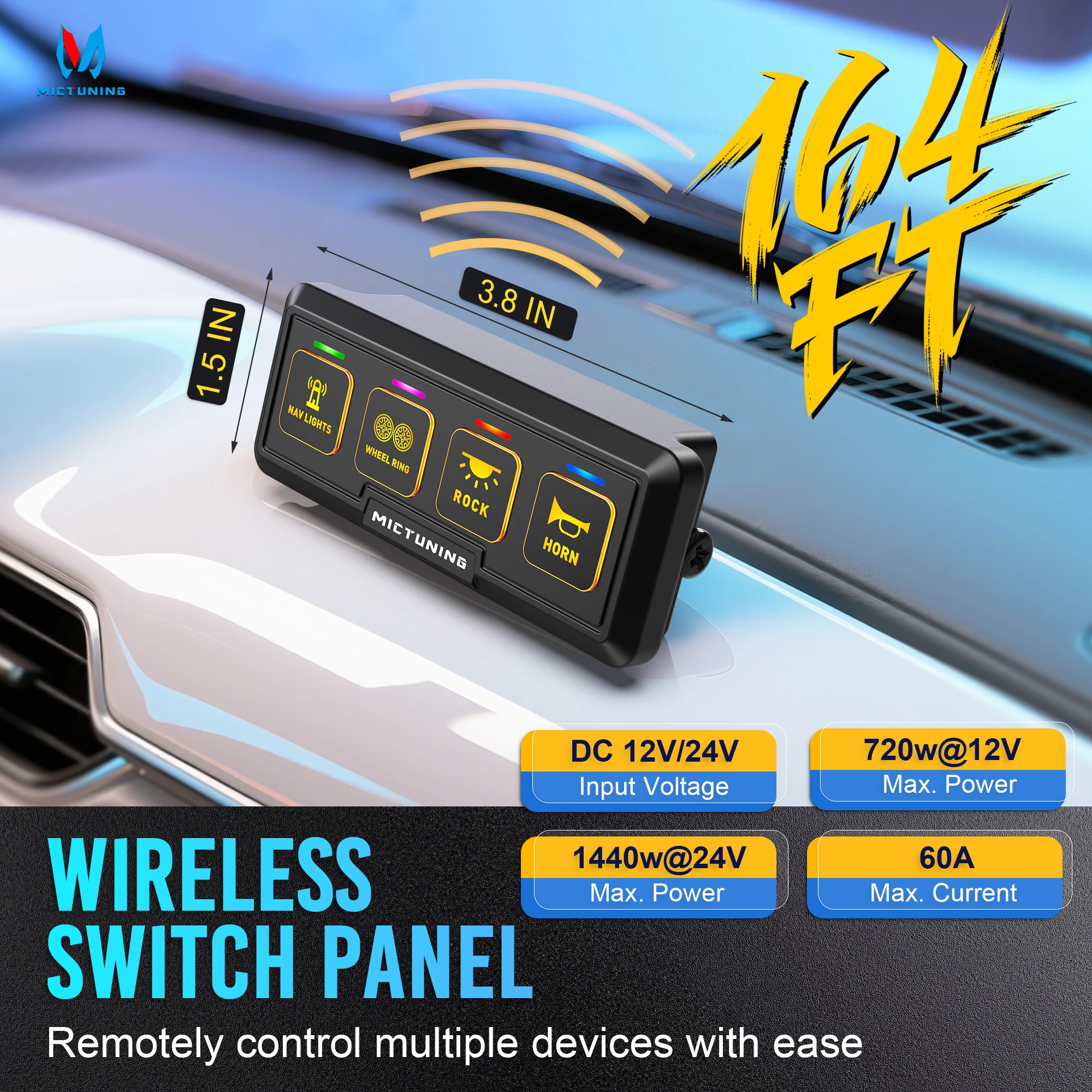MICTUNING BB40 4-Gang Wireless Switch Panel, 164FT Range Toggle Momentary Strobe Flash Modes for Truck RV Offroad Marine
