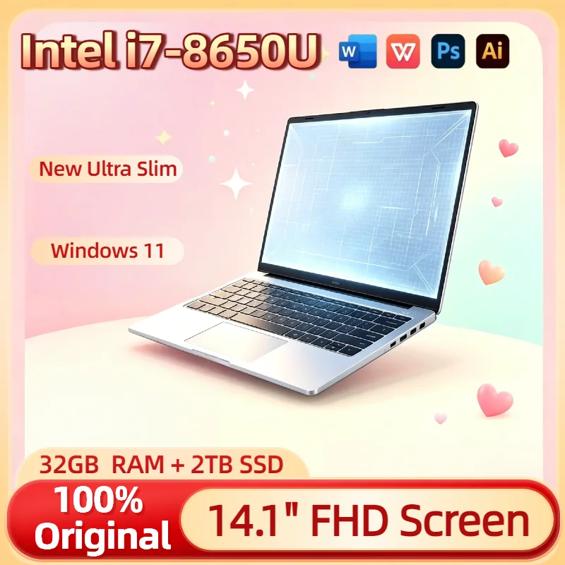 14.1 Inch Ultra Slim Laptop Intel Core i7 8650U 4C8T 32GB RAM 2TB SSD Windows 11 Gaming Gamer PC Office 1920x1080 HD
