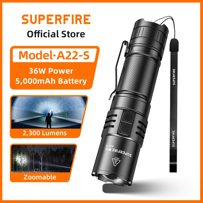 SUPERFIRE A22-S Tactical Flashlight – 36W Rechargeable Zoomable LED Torch,2300LM,USB-C with Power Indicator&Gear Memory Function