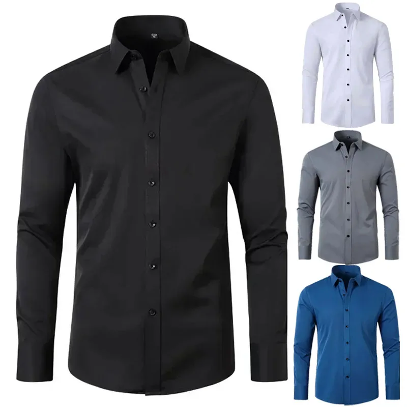 Men's long-sleeved shirt, silky smooth and wrinkle-resistant, slightly elastic high-quality men's shirt, plus-size premium shirt