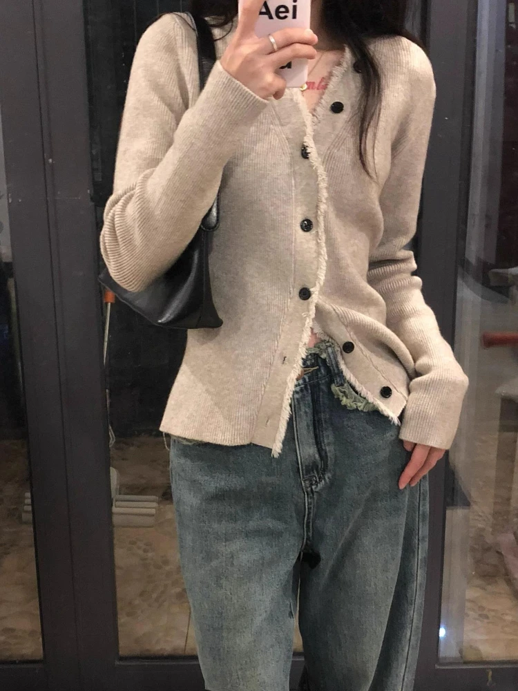 Chique coreano com decote em v cardigan 2025 outono fino ajuste malha pulôver topos feminino sexy bonito manga longa frente aberta ruched blusas sólidas