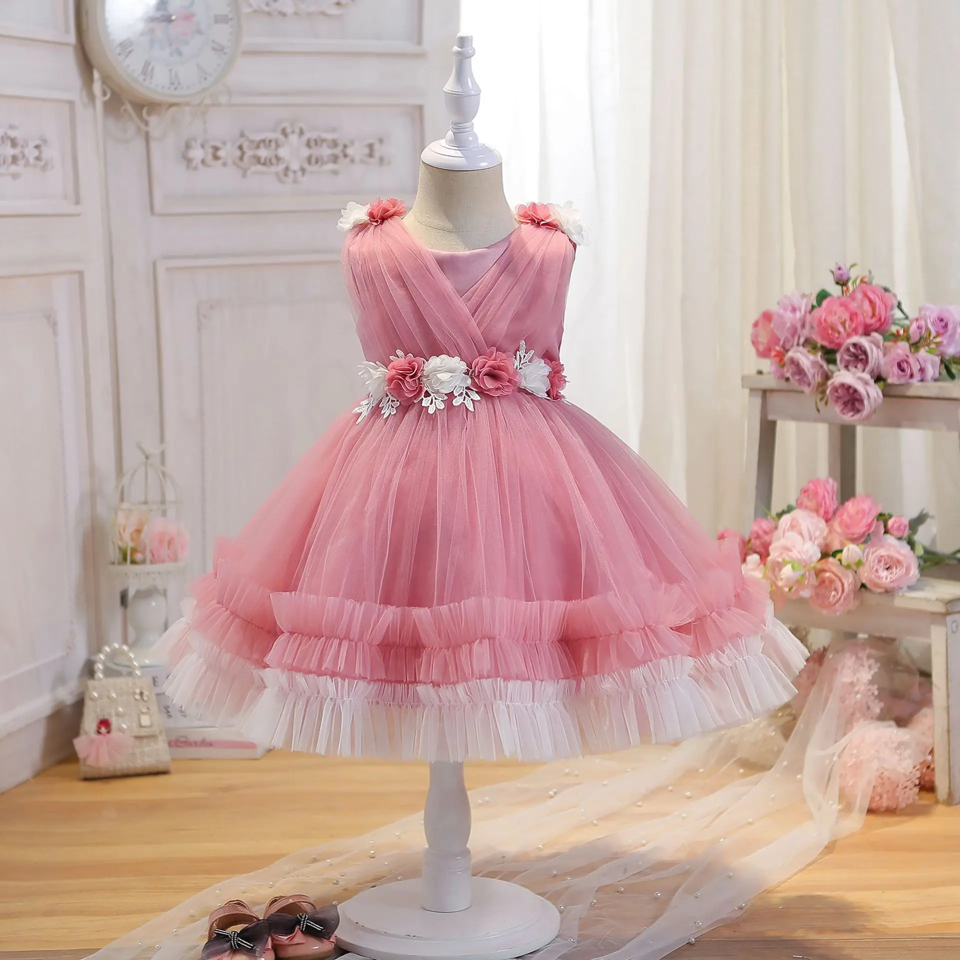 0-4 year Evening dresses flower bow sleeveless prom dress baby mesh cake dress banquet host performance Birthday Girl\'s Princes