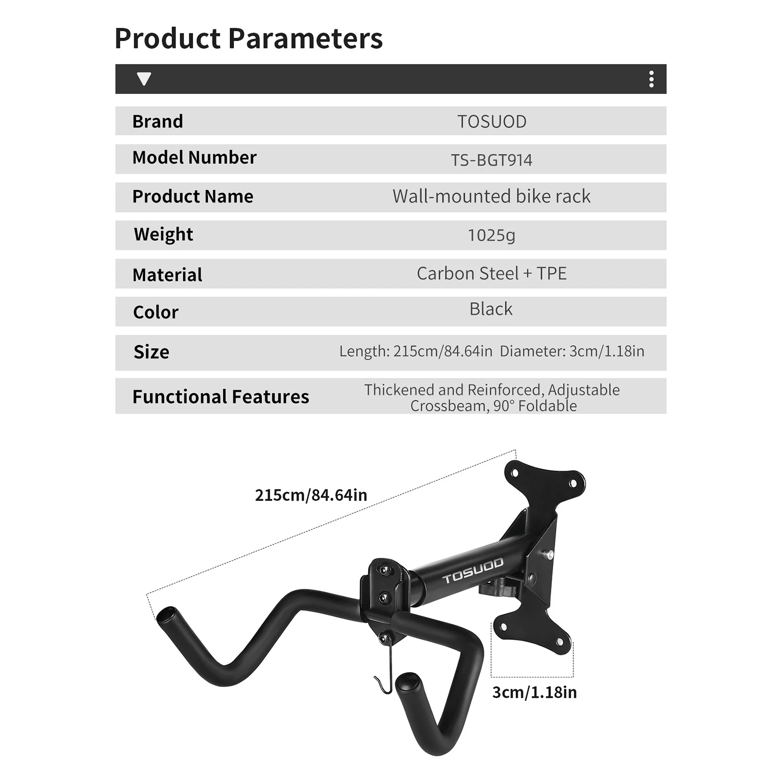TOSUOD Fahrrad-Wandhalterung, verstellbar, für den Innenbereich, Fahrrad-Parkständer aus Kohlenstoffstahl, Rennrad- und Mountainbikes, Präsentationsständer, Zubehör – Detail 1