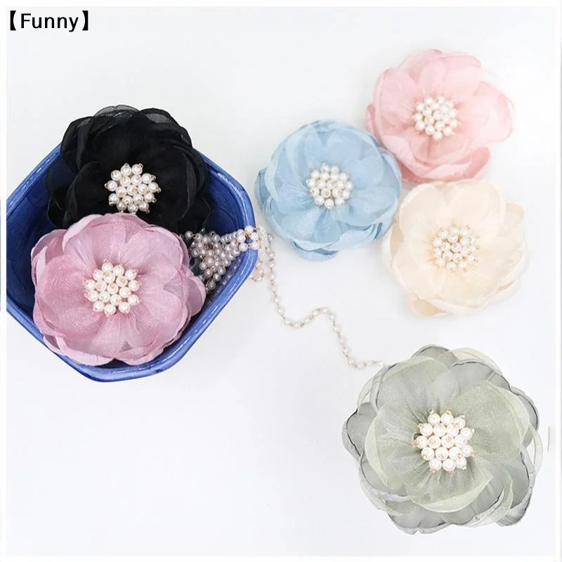 5Pcs Sewing Fabric 3D Chiffon Flower Chiffon Beads Center Artificial Flower Shoes Decor Burnt Edge DIY Sewing Applique〔Funny〕