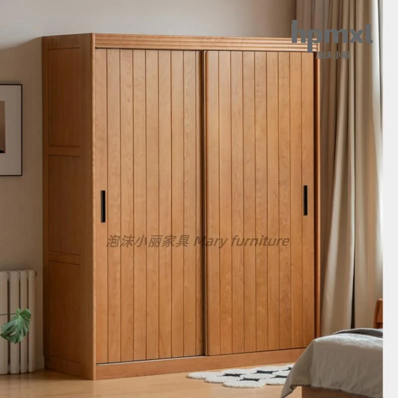 

French retro solid wood wardrobe Japanese cherry wood log bedroom home sliding door large wardrobe