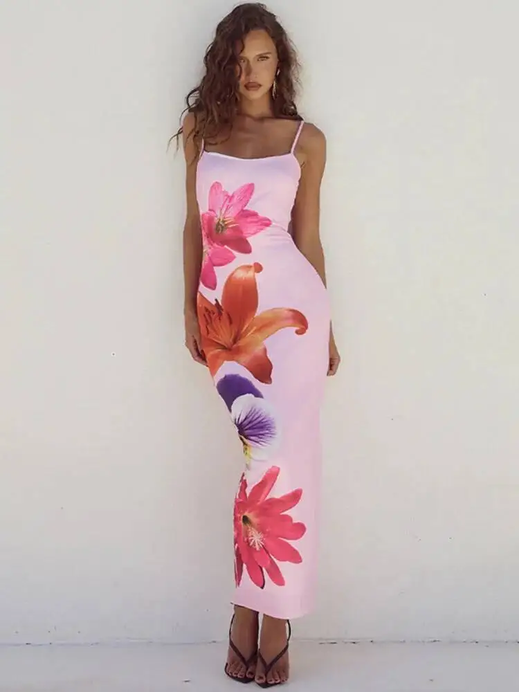 Floreal Print Long Dress For Women Gown Summer New Spaghetti Strap Sleeveless Backless Bodycon Sexy Midi Dress Elegant XW4E