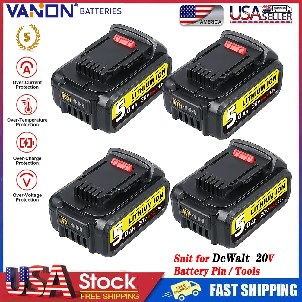 

VANON 4Pack DCB205 5.0Ah Replace for Dewalt DCB200 DCB201 DCB204 DCB206 20V Max Lithium-ion Battery Pin Suit for 20V Power Tools