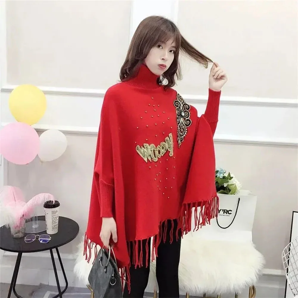 Fashion Turtleneck Women Poncho Spring Winter Jumper Knitted Sweater Cape Warm Pullover Cloak Chic Embroidery Ladies Shawl Tops