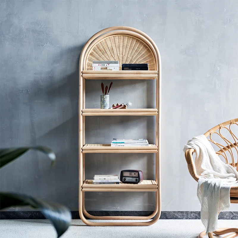 Natural rattan four-layer bookshelf, living room home floor shelf, simple small bookcase