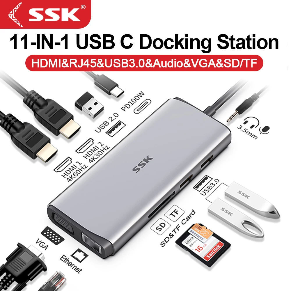 Док-станция SSK USB C с двойным монитором, док-станция Thunderbolt, тройной дисплей, концентратор 11 в 1, USB C HDMI 4K RJ45 Ethernet VGA для MacBook