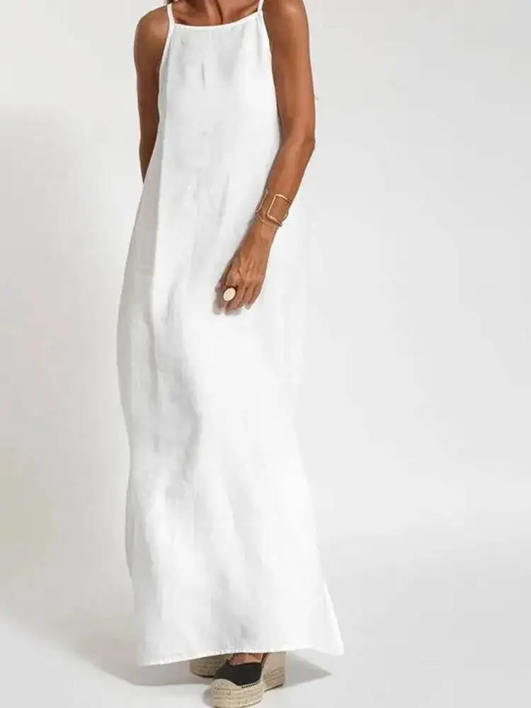 Mulheres algodão linho lado split longo deslizamento vestido verão senhora sem alças cor sólida vestidos de festa de férias branco moda feminina 8o7k