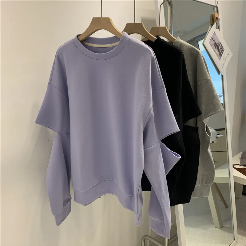 Long Sleeve Pullovers Women's 2023 Loose New Korean Style Solid Color Hoodies Fashion O-Neck Casual Streetwear Tops Tees