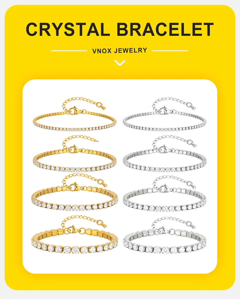 Vnox Luxus zierliches AAA Zirkon Kristall Armband für Frauen Mädchen, Edelstahl 2mm-5mm breites Armband, Hochzeit Schmuck Party Geschenk – Detail 1