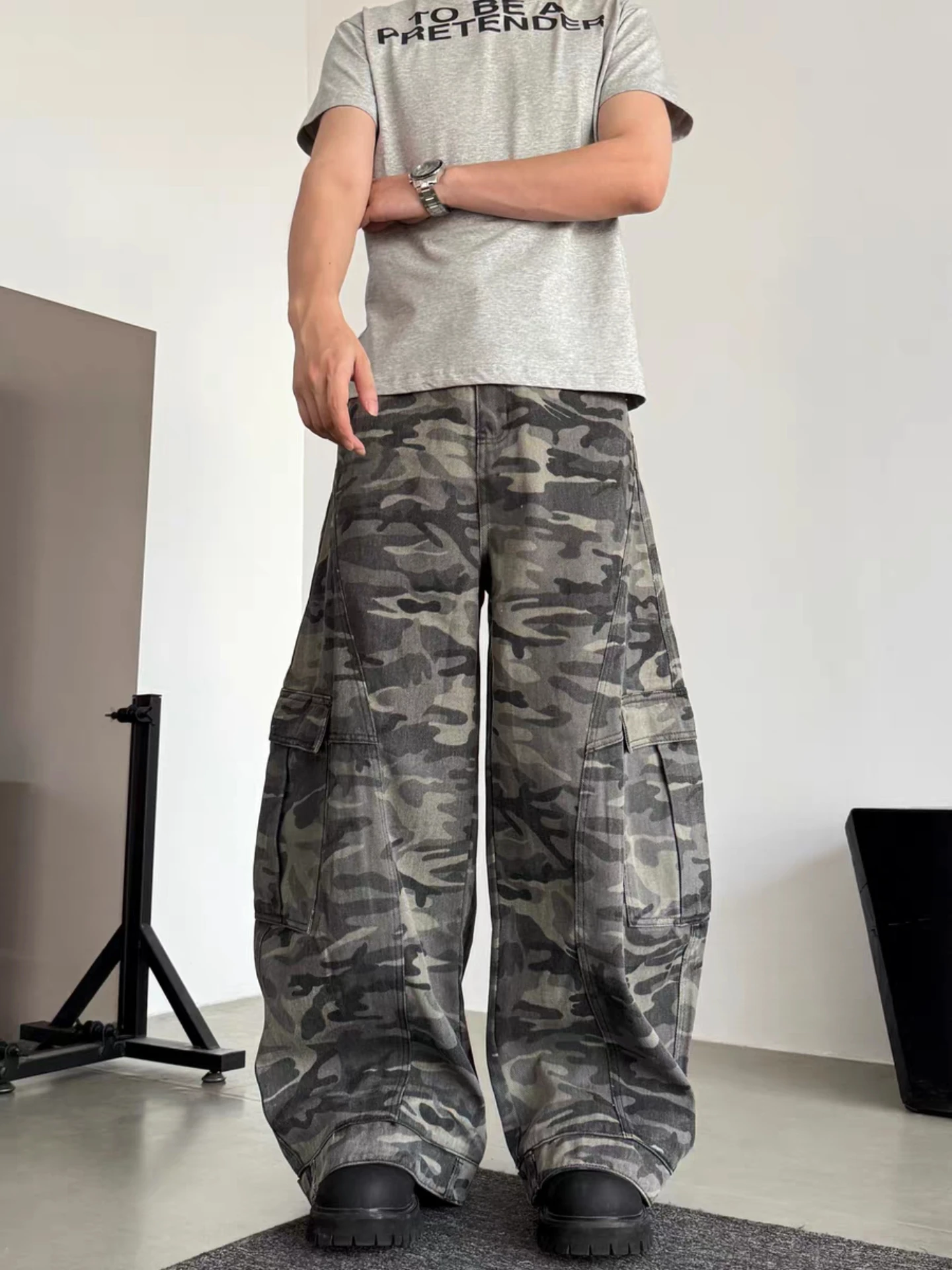

American Casual Loose Design Camouflage Inverted Jeans High Street Knife Workwear Pants Vibe Style Long Straight L...
