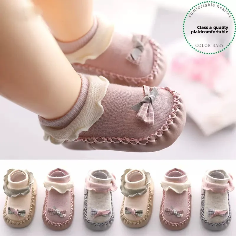 Toddler Baby Floor Socks - Early Education Style, Non-Slip Soft Sole, Cool Bow, Spring & Autumn Indoor Shoes, Soft Comfortable