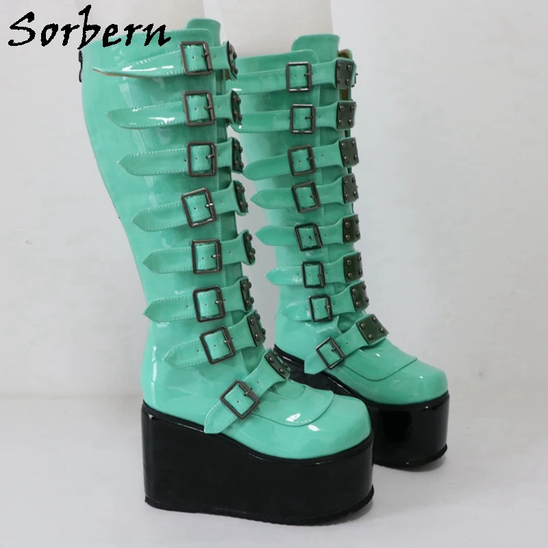 Sorbern Fashion Punk Style Boots Women Knee High Wedges Comfortable Buckles Straps Fetish Drag Queen Shoe Custom