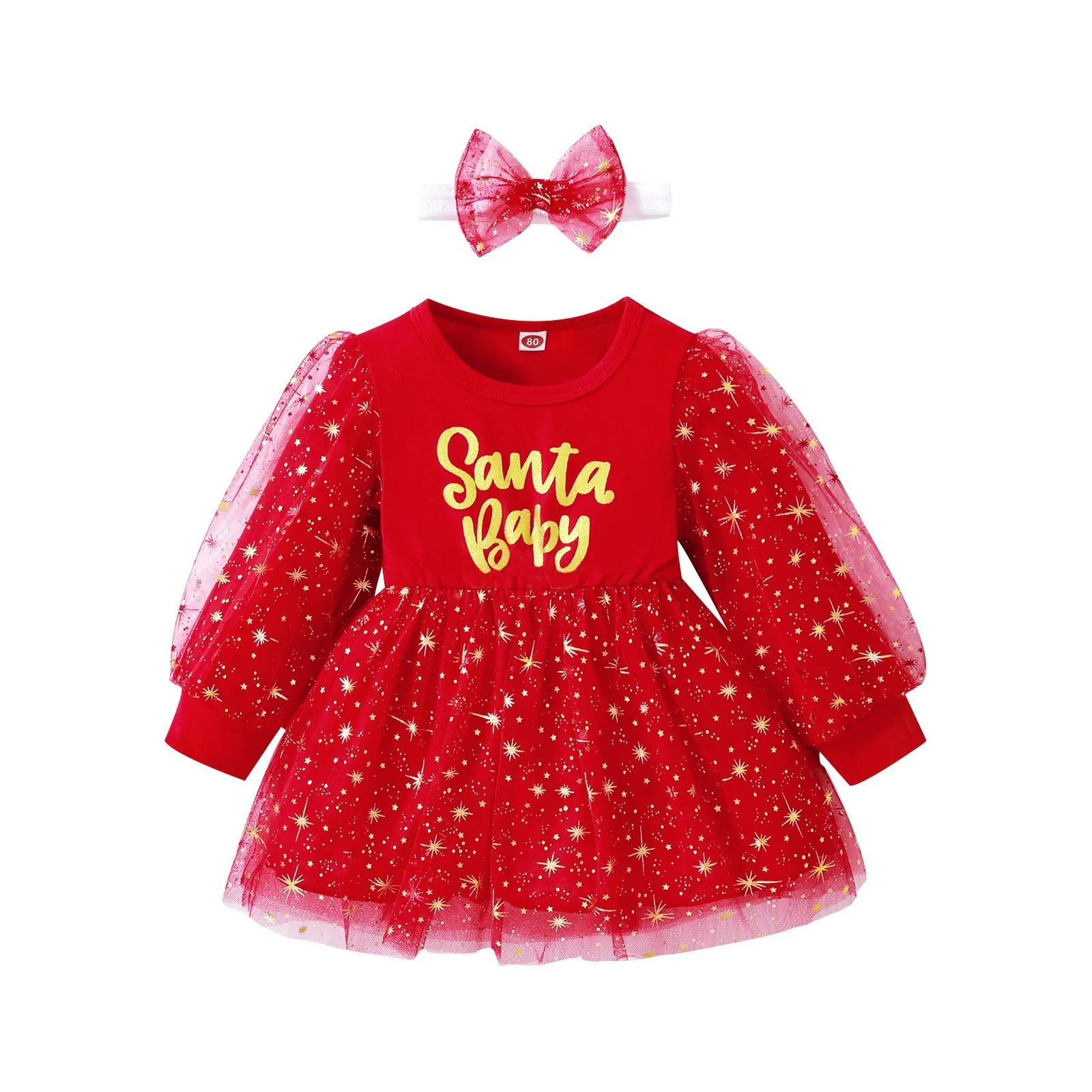 Christmas Baby Girl Red Cute Lace Sequins Long Sleeve Puffy Hairpin Dress with Bow for Daily Casual Party Birthday Gift for Girl