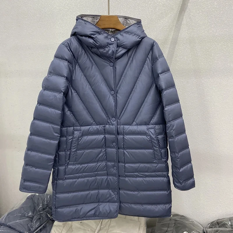 2025 New Hooded Puffer Coat Autumn Winter Women Light White Duck Down Jacket Parkas Ladies Warm Double-Sided Outwears