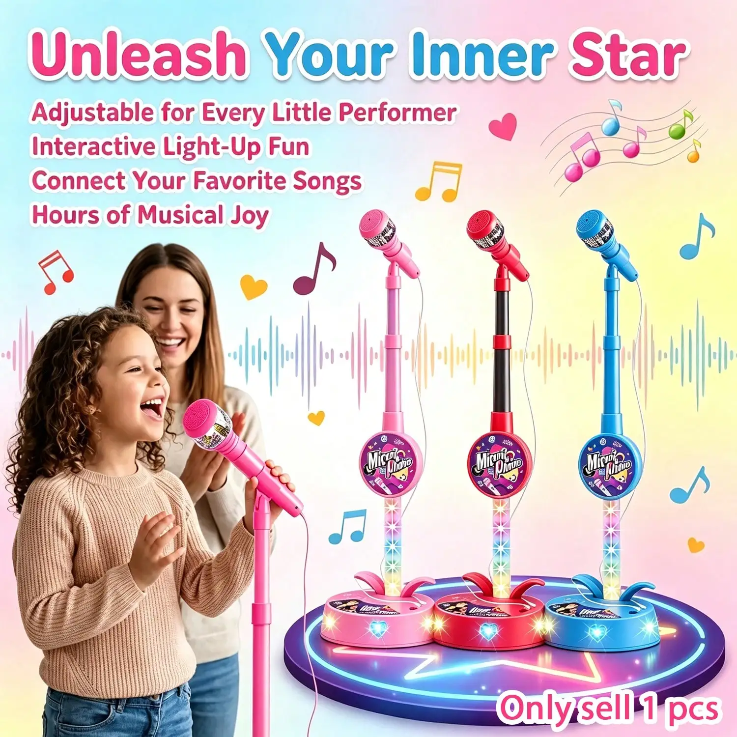 Kids Microphone Stand Toy Adjustable Light‑Up Karaoke Singing Musical Toy Performance Play Birthday Gift For Boys Girls