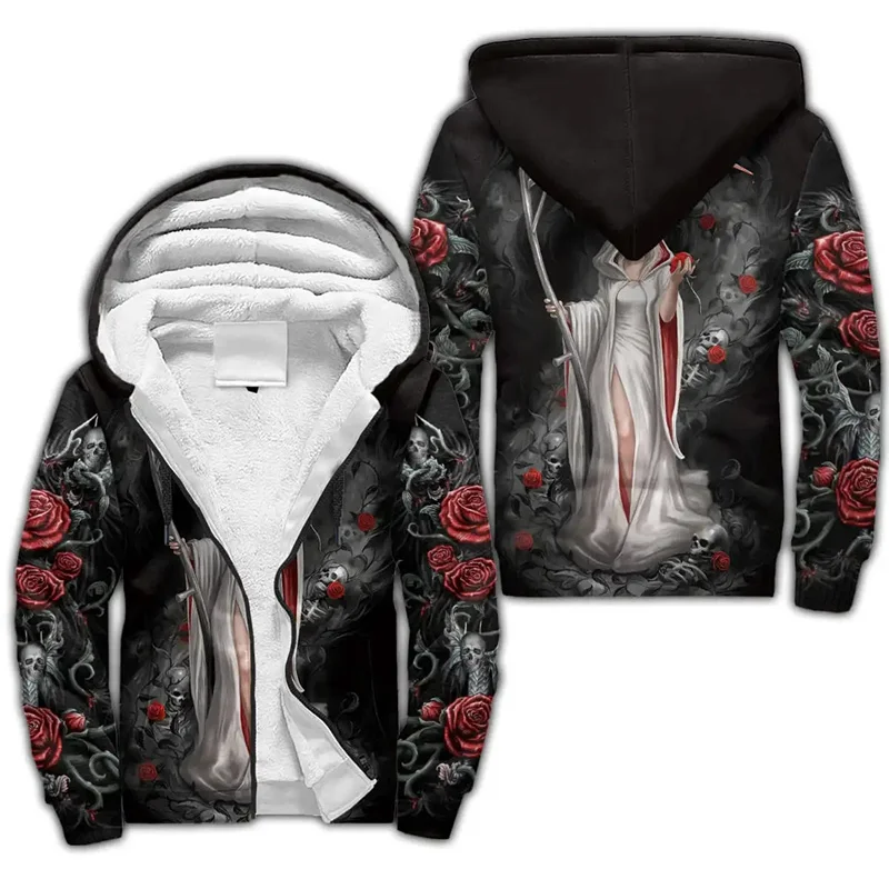 

Winter Fashion Zipper Hoodie Reaper Skeleton Angel 3D Print Men's Thickened Zipper Hoodie Unisex Casual Hooded Warm Wool Jacket